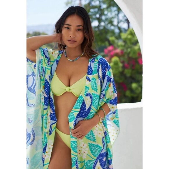 Ellen Merchant Anthropologie Tie Front Kaftan Sz M L Tie Front Tropical Beach - Picture 1 of 10